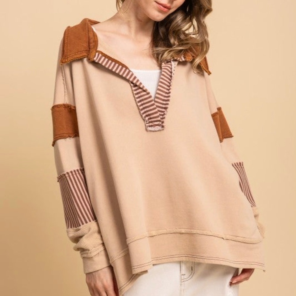 Brown and Pink Patchwork V-Neck Pullover NWT - image 1